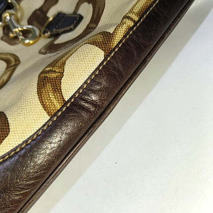 Gucci Jackie Vintage Medium Horsebit Print Cloth and Brown Leather Gold Hardware