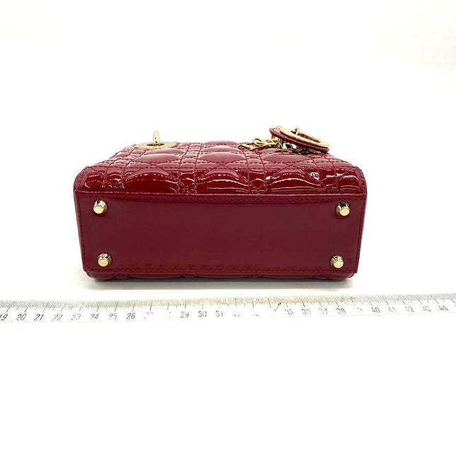 Lady Dior Mini Handbag Burgundy Red Patent Leather Gold-tone Chain Strap