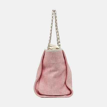 Chanel Deauville Tote Medium Pink Denim White Leather Top Handle