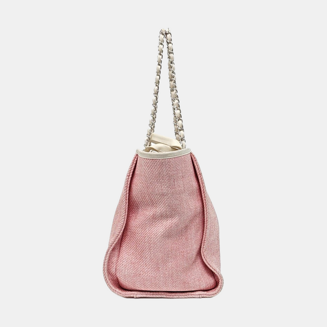 Chanel Deauville Tote Medium Pink Denim White Leather Top Handle