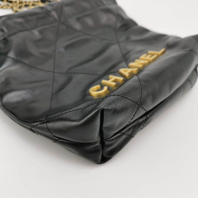 Sold Chanel 22 Hobo Bag Mini Shiny Calfskin Leather Black with Gold-tone Hardware