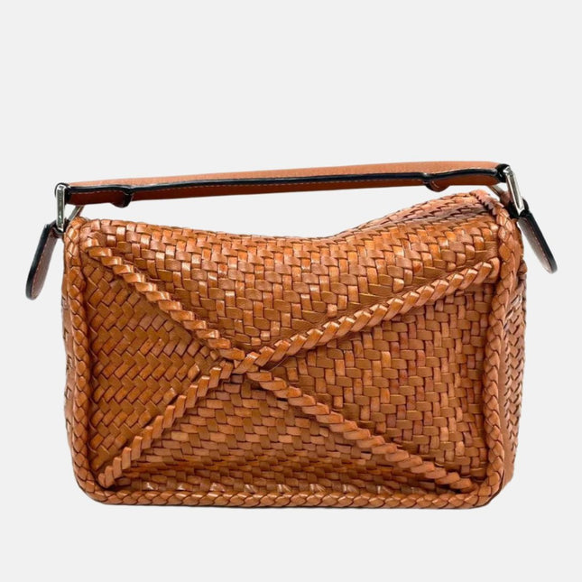 Loewe Puzzle Small Leather Woven Caramel Tan Crossbody Bag