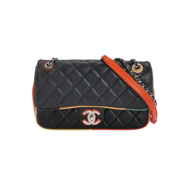 Chanel Timeless Classic Flap Lambskin Plexiglass Quilted Medium Cuba Color Flap Black with Multicolor Trim