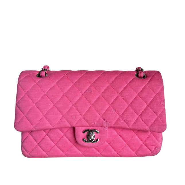 Chanel Classic Flap Medium Double Flap Pink Jersey Silver Hardware 2014-Luxbags