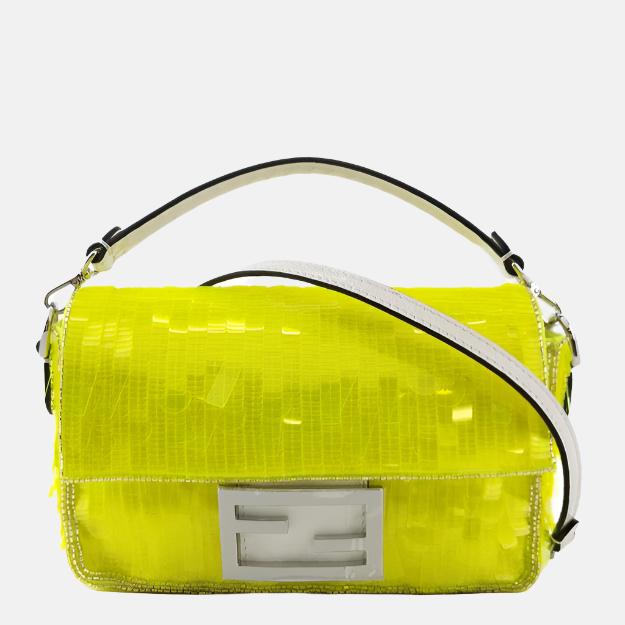 Fendi Baguette Mini Neon Lime Green Sequins Chain Strap Crossbody Bag-Luxbags
