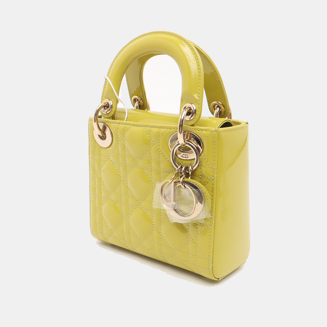 Lady Dior Mini Handbag Yellow Patent Leather Gold-tone Chain Strap