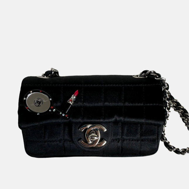 Chanel Extra Mini Flap Bag Black Satin Choco Bar Lipstick Mirror Crossbody, 2005