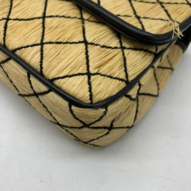 Chanel Medium Straw Wicker Flap Bag Black Diamond Wild Stitch