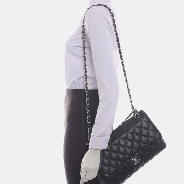 Sold Chanel Classic Flap Jumbo 2010 Black Caviar Leather Double Flap with Silver Hardware