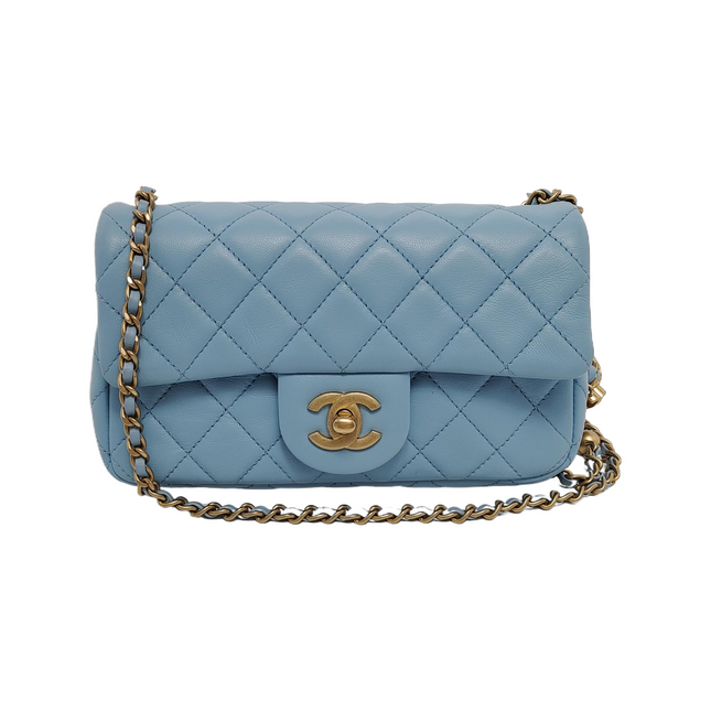 Chanel Classic Flap Mini Baby Blue Lambskin Pearl Crush Adjustable Gold Ball Chain-Luxbags