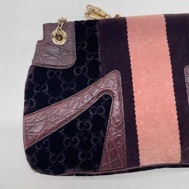 Gucci Jeweled Dragon Bag Purple Crocodile and GG Velvet Bamboo Chain Strap Shoulder Bag