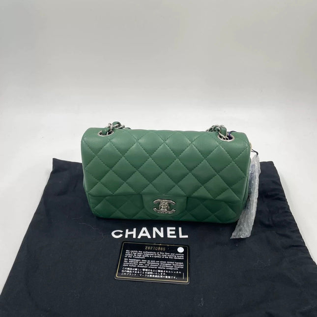 Chanel Classic Flap Mini 2019 Green Lambskin Leather Silver Hardware