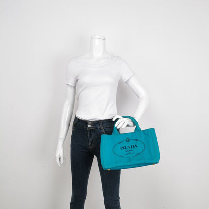 Sold Prada Canape Canvas Tote Small Blue Top Handle Bag