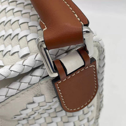 Loewe Puzzle Small Leather Woven Braided White Crossbody Bag