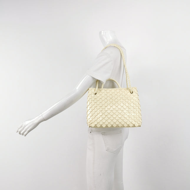 Bottega Veneta Andiamo Small Butter Yellow Fish Scale Patent Leather Handbag