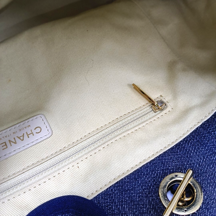 Chanel Deauville Tote Navy Denim Cloth Leather Chain Strap Gold Hardware Medium 30cm