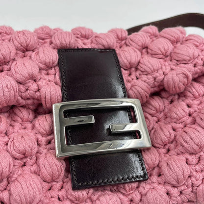 Fendi Baguette Bag Pink Crochet Knit Wool Pompom Shoulder Bag