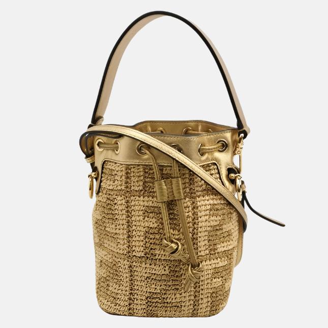Fendi Mon Tresor Mini Bucket Bag Gold Raffia Thread and Leather Crossbody Bag