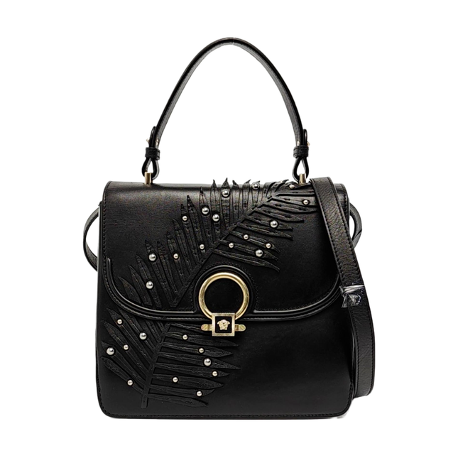 Versace Black Leather Applique Studded Flap Top Handle Crossbody Bag-Luxbags