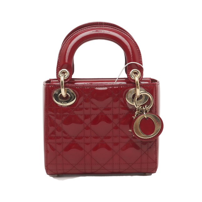 Lady Dior Mini Handbag Burgundy Red Patent Leather Gold-tone Chain Strap-Luxbags