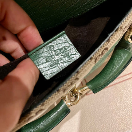 Gucci Horsebit 1955 Chain Cloth Green Web Monogram Leather and Gold Studs