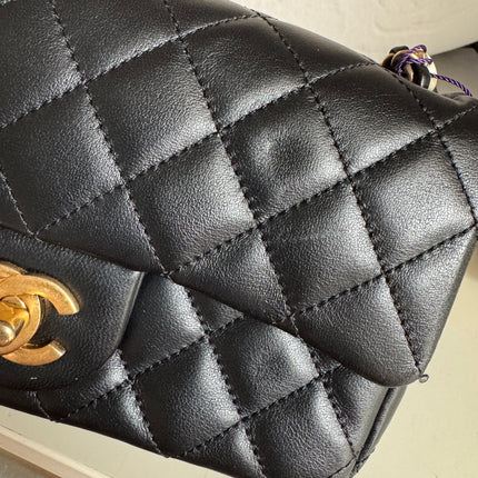 Chanel Romance Classic Flap Rectangular Mini Black Lambskin Leather Gold Hardware, 2021