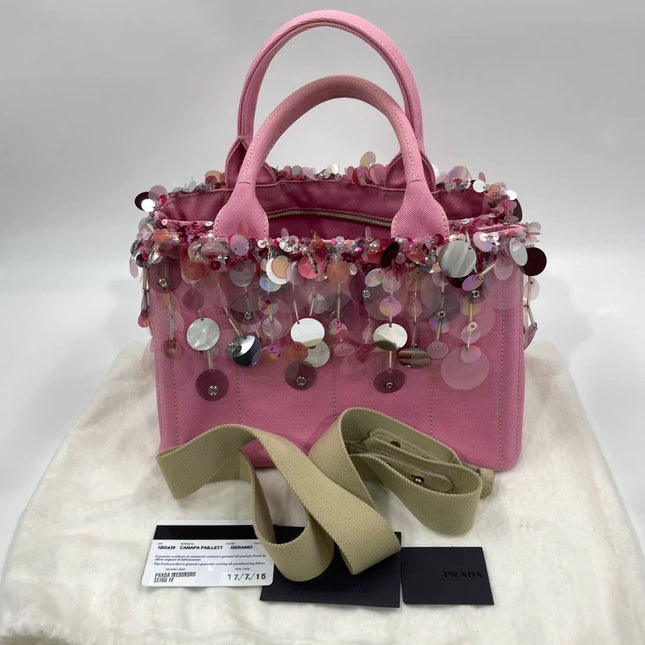 Prada Canape Small Pink Canvas with Sequins Top Handle Bag with Strap Rare