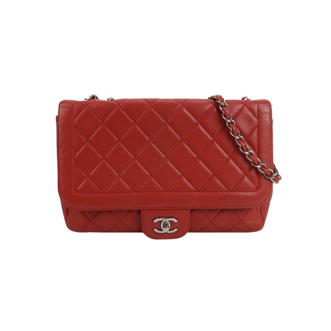 Chanel Classic Flap Single Flap Large Red Lambskin Leather Silver Hardware