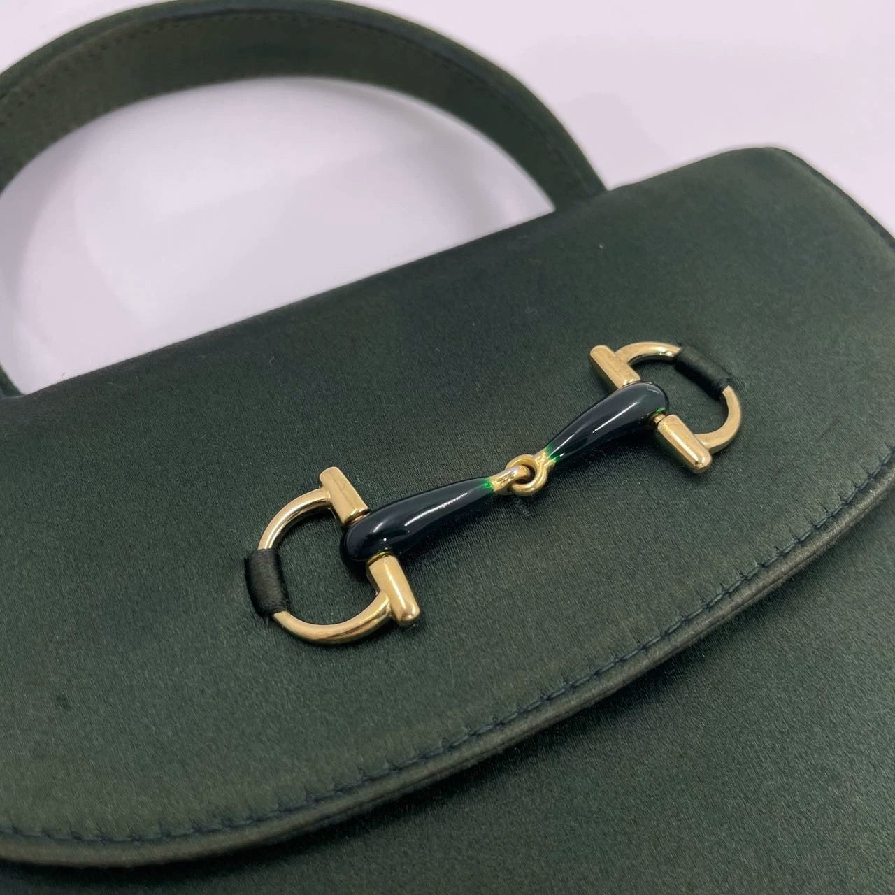 Gucci Horsebit Night Super Mini Green Satin Top Handle Bag with Strap