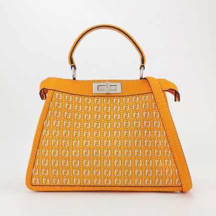 Fendi Peekaboo ISeeU Sellier Orange / White Interlace Leather Medium Top Handle Bag
