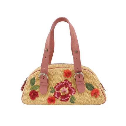 Dior Wicker Boston Bag Floral Embroidery Pink Leather