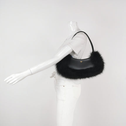 FENDI O Lock Black Leather and Faux Fur Shoulder Bag