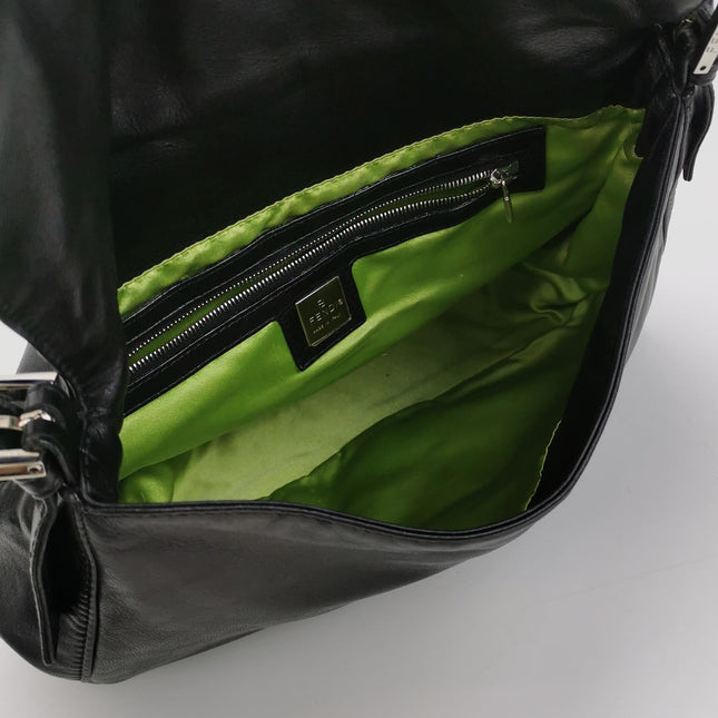 Fendi Mamma Baguette Black Lambskin Leather Green Enamel Buckle