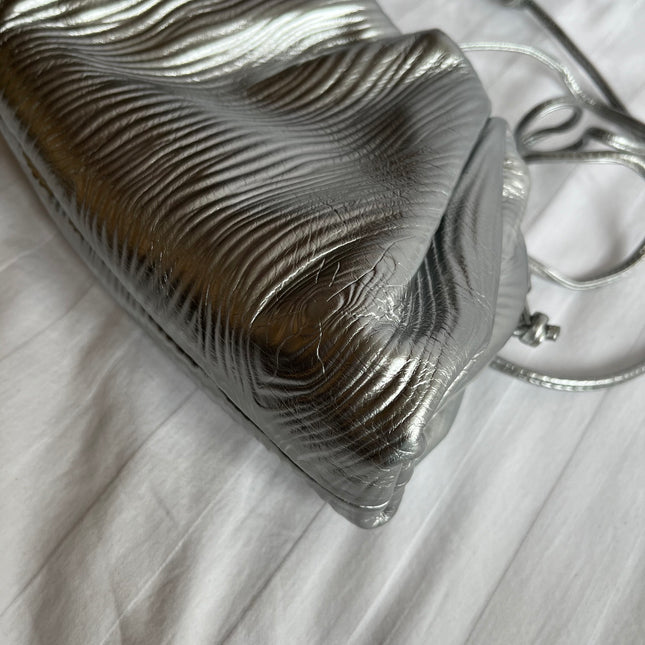 Bottega Veneta Pouch Mini Silver Leather Tree Trunk Pattern Crossbody Bag