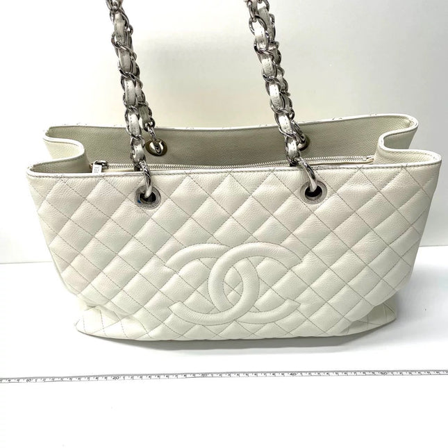 Chanel GST Grand Shopping Tote Large White Caviar Leather Silver Hardware
