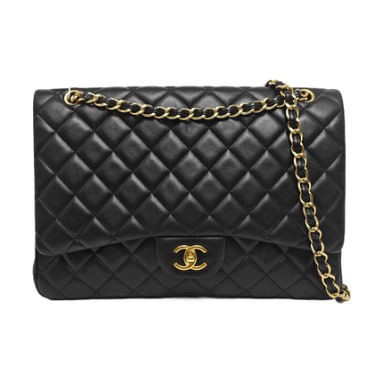 Chanel Classic Flap Maxi 2009 Black Lambskin Leather Single Flap with Gold Hardware-Luxbags