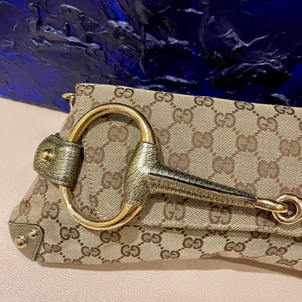 Sold Gucci Horsebit 1955 Large Cloth Beige Monogram Gold Leather Shoulder bag