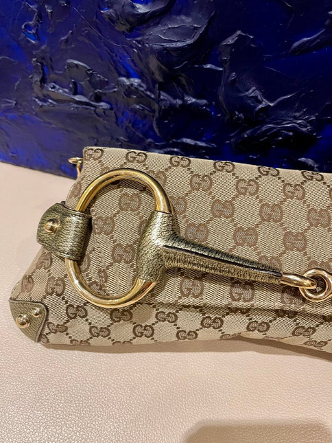 Sold Gucci Horsebit 1955 Large Cloth Beige Monogram Gold Leather Shoulder bag