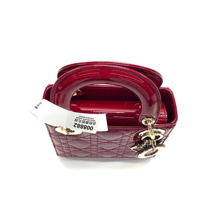 Lady Dior Mini 2020 Red Burgundy Patent Leather Gold Hardware Suede Interior Chain Strap