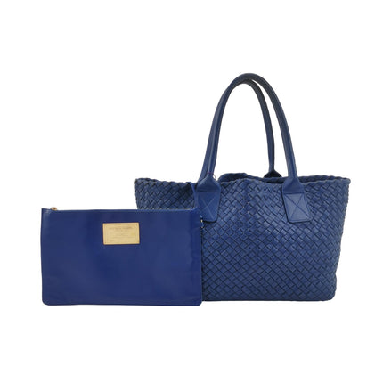 Bottega Veneta Cabat Small Intreccio Leather Tote Bag Navy-Luxbags