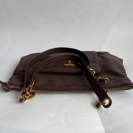 Chanel Vintage Front Pocket Tote Chocolate Brown Caviar Leather Double Gold Leather Chain