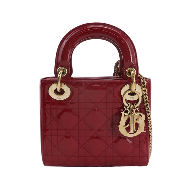 Lady Dior Mini 2019 Red Burgundy Patent Leather Gold Hardware Suede Interior Chain Strap-Luxbags