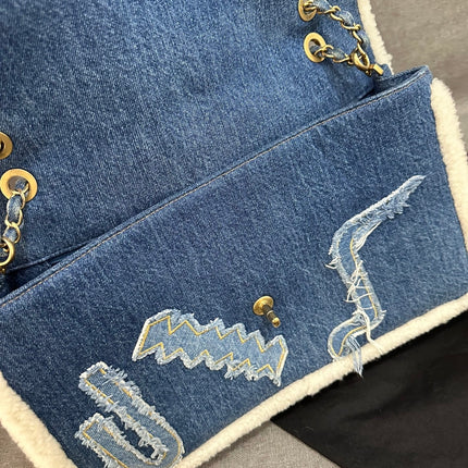 Chanel Blue Denim White Shearling Egyptian Hieroglyph Maxi Flap Bag Gold Hardware, 2019