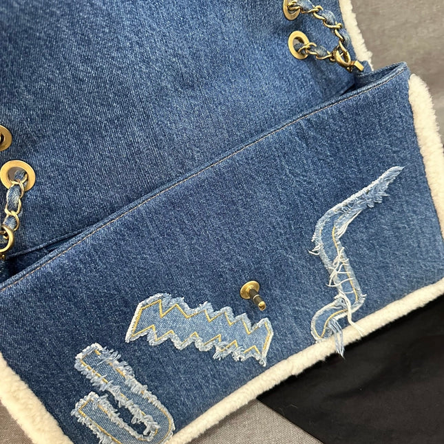 Chanel Blue Denim White Shearling Egyptian Hieroglyph Maxi Flap Bag Gold Hardware, 2019