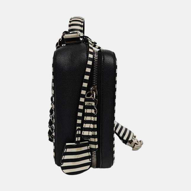 Chanel Filigree Medium Vanity Case Black and White Happy Stitch Top Handle with Chain