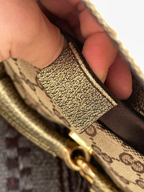 Sold Gucci Horsebit 1955 Large Cloth Beige Monogram Gold Leather Shoulder bag