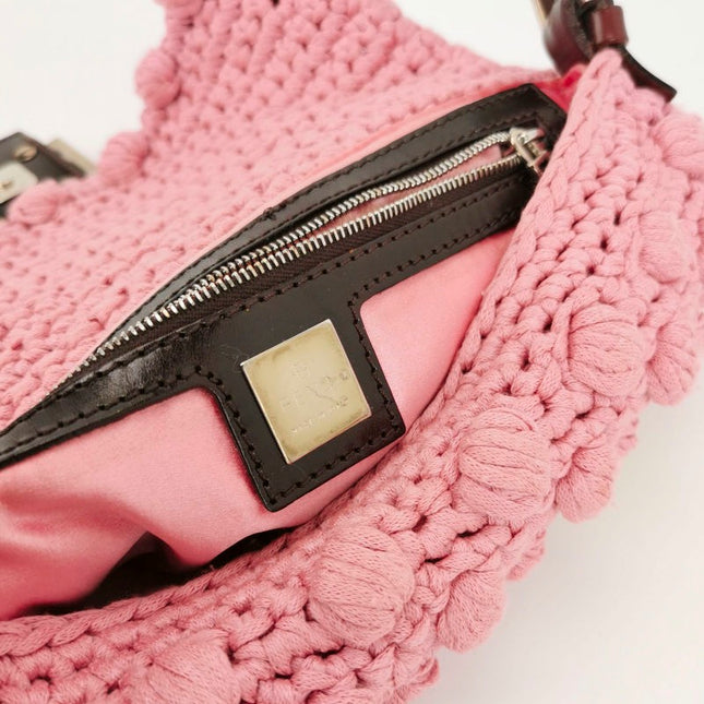 Fendi Baguette Bag Pink Crochet Knit Wool Pompom and Flowers Shoulder Bag