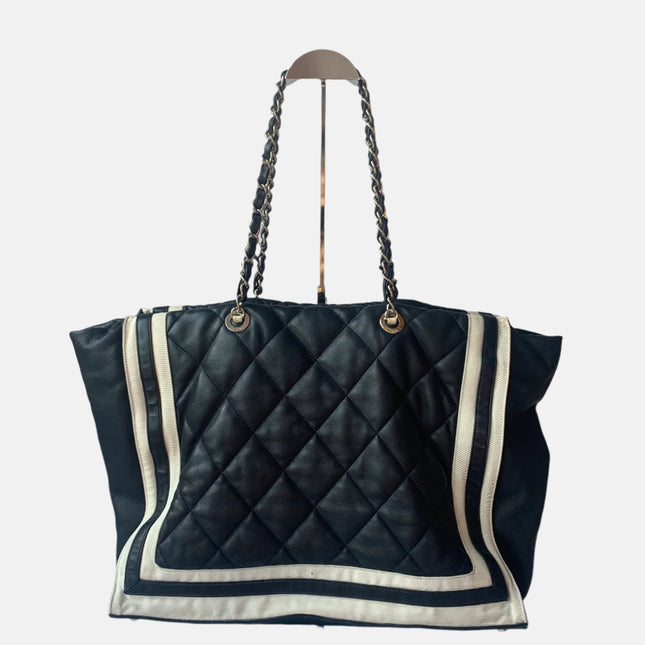 Chanel CC Shopping Tote Medium Cannage Lambskin Leather Navy with White Stripes