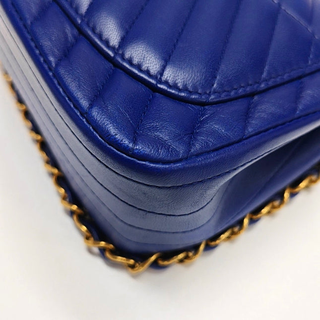 Chanel Classic Flap Mini Square Chevron Stitching Blue Lambskin Gold Hardware Crossbody Bag