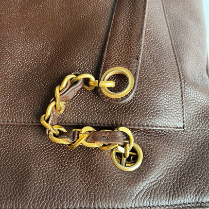 Chanel Vintage Front Pocket Tote Chocolate Brown Caviar Leather Double Gold Leather Chain